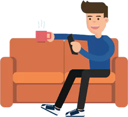 Illustration of a person sitting on an orange couch, holding a steaming cup and a smartphone, smiling while looking at the phone